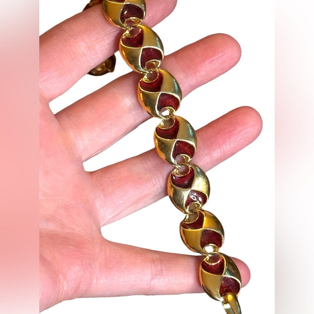 Vintage JBK Camrose & Cross Gold plt enameled Red Enamel Bracelet